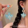 Spring Niche Blue Flower With Gold Ring Earrings, French Style Atmosphere Smart Earrings