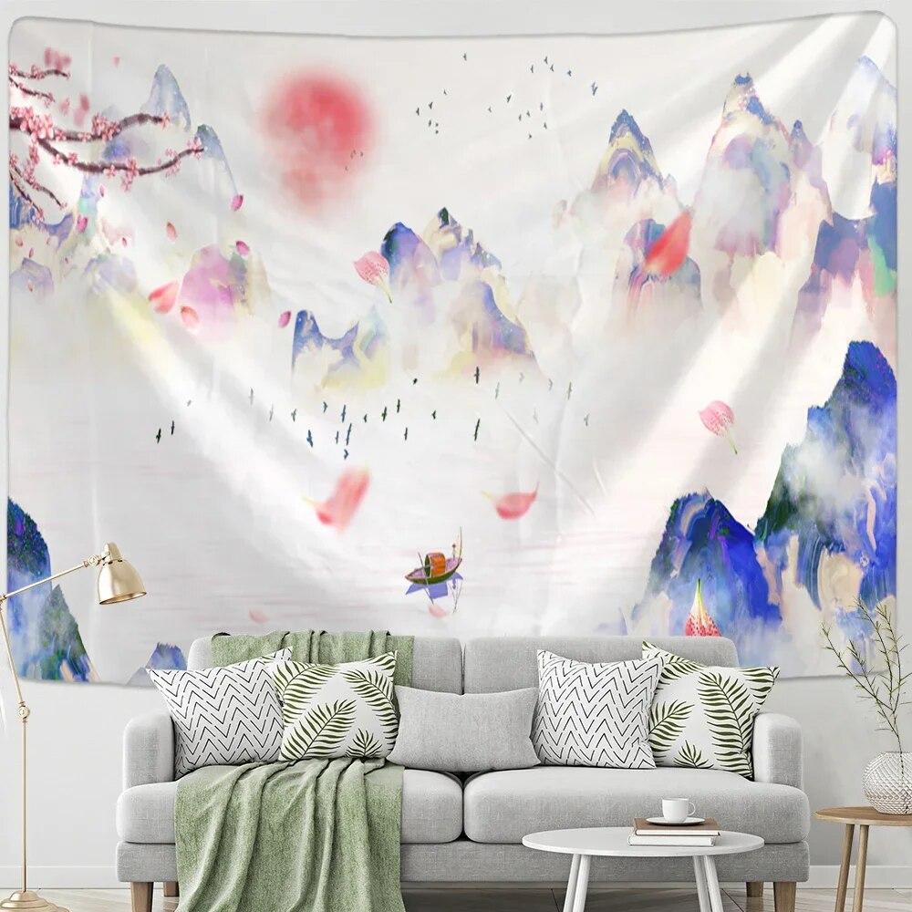 Chinese Lotus Tapestry Wall Hanging Psychedelic Hippie Bohemian Style Art Painting Bedroom Living Room Home Decor