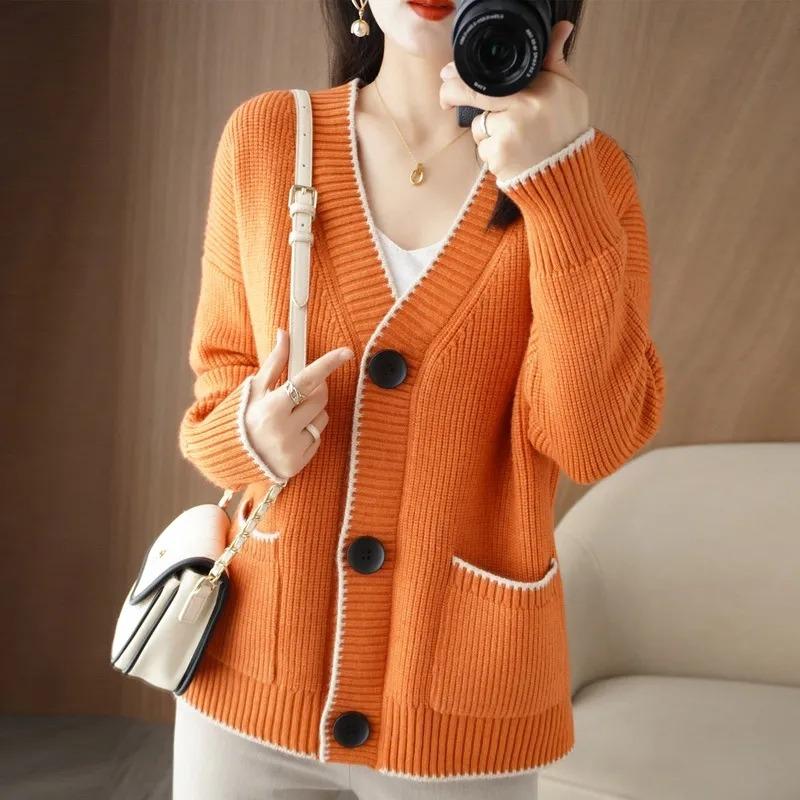 Autumn Winter Korean Fashion V-neck Loose Knitted Sweater Jacket Women Cardigan Pockets Casual Office Coats Long Sleeve Solid Color Simple Clothing