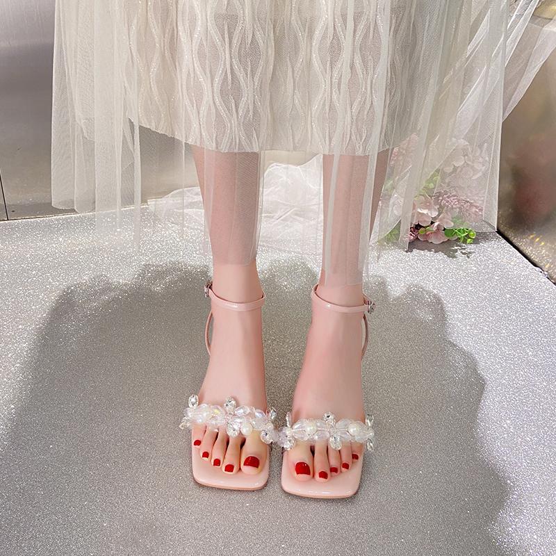 Fashion Shoes for Women Summer New Square Toe Rhinestone Sandals Female Fashion Open Toed Sexy Elegant Casual Party High Heels Sandals