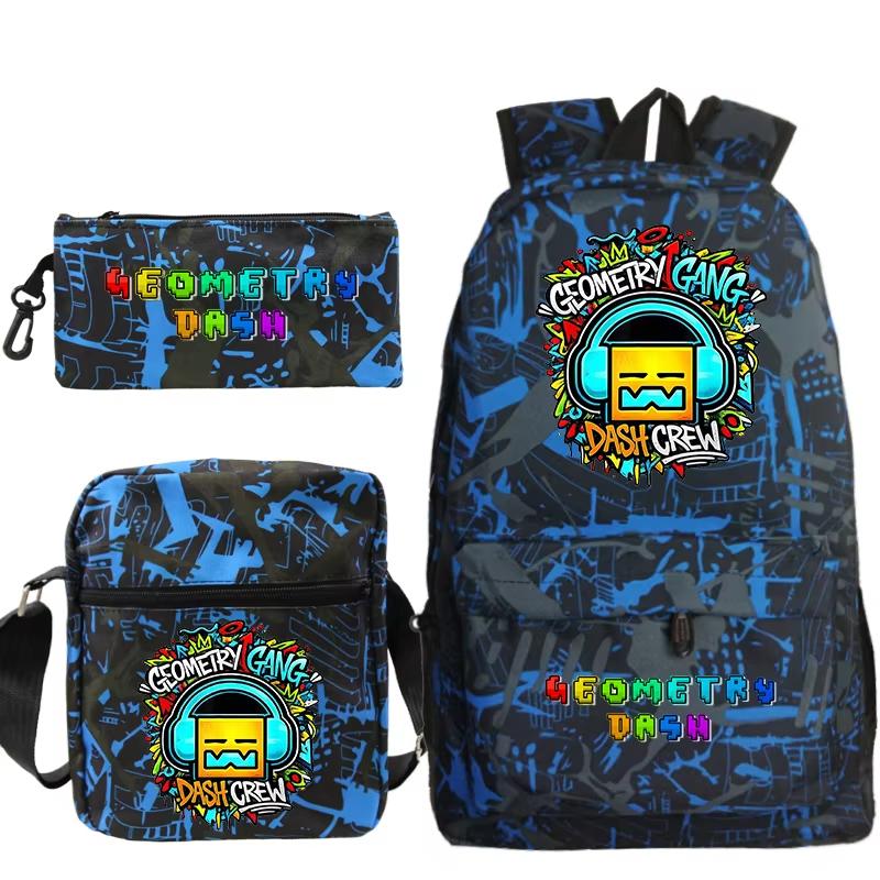 Ensemble 3 pièces Sac à dos Geometry Dash Sac d'école Sac à bandoulière Trousse à crayons Sac à dos léger à fermeture éclair Sac Tendance pour Adolescent Garçon Fille