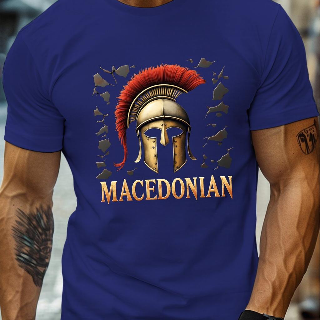 Macedonian Helmet Print Mens Cotton Graphic Tee Casual Short Sleeve Breathable Crew Neck TShirt