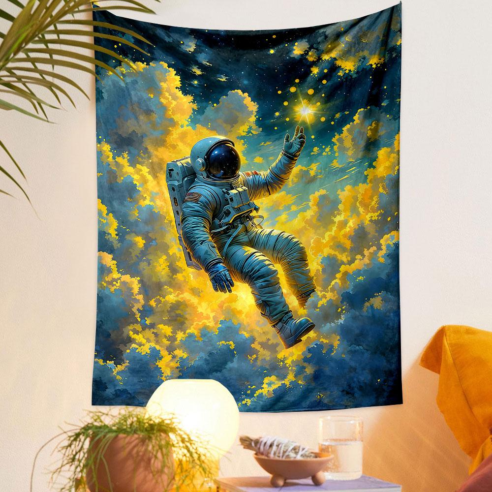 "Space Astronaut Touching a Glowing Star" Patterned tapestry home decor, suitable for bedroom and living room, gift