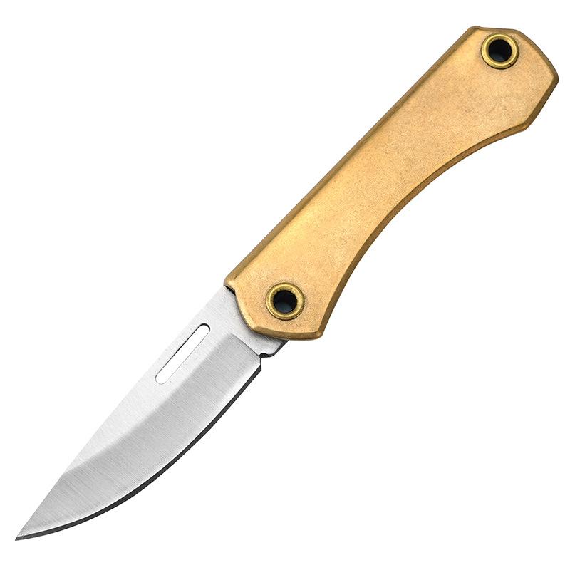 Damascus/D2 Steel Sharp Blade Brass Handle Mini Folding Knife, Keychain Utility Knife for Outdoor Camping Hiking Daily EDC Tool
