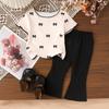 Girls' Fashionable Outfit - Summer Children's Casual Bow-front Short-sleeved Top with Wide-leg Pants Set of Two Pieces