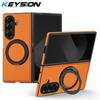 KEYSION 360° Rotating Magnetic Ring Stand PU Leather Case for MagSafe for Samsung Z Fold 7 5G Wireless Charging Phone Back Cover