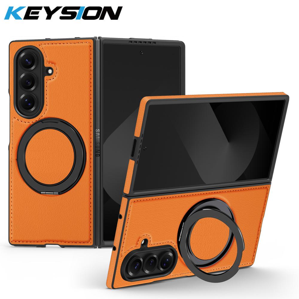 KEYSION 360° Rotating Magnetic Ring Stand PU Leather Case for MagSafe for Samsung Z Fold 7 5G Wireless Charging Phone Back Cover