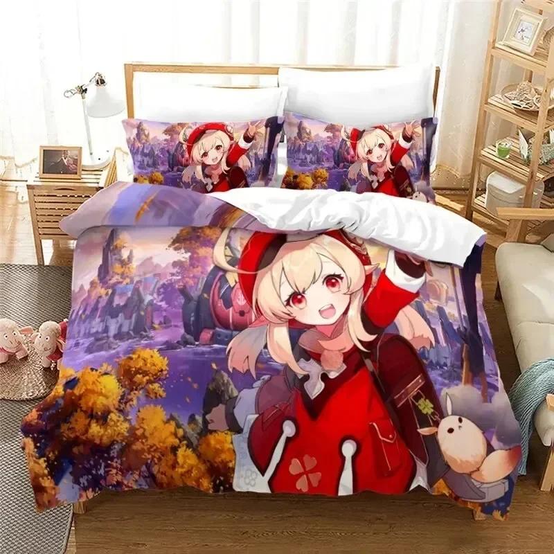 Anime Genshin Impact Paimon Bedding Set Duvet Cover Sheet Printed Bed Set Pillowcase Bed Full Queen King Size Comforter Bedroom