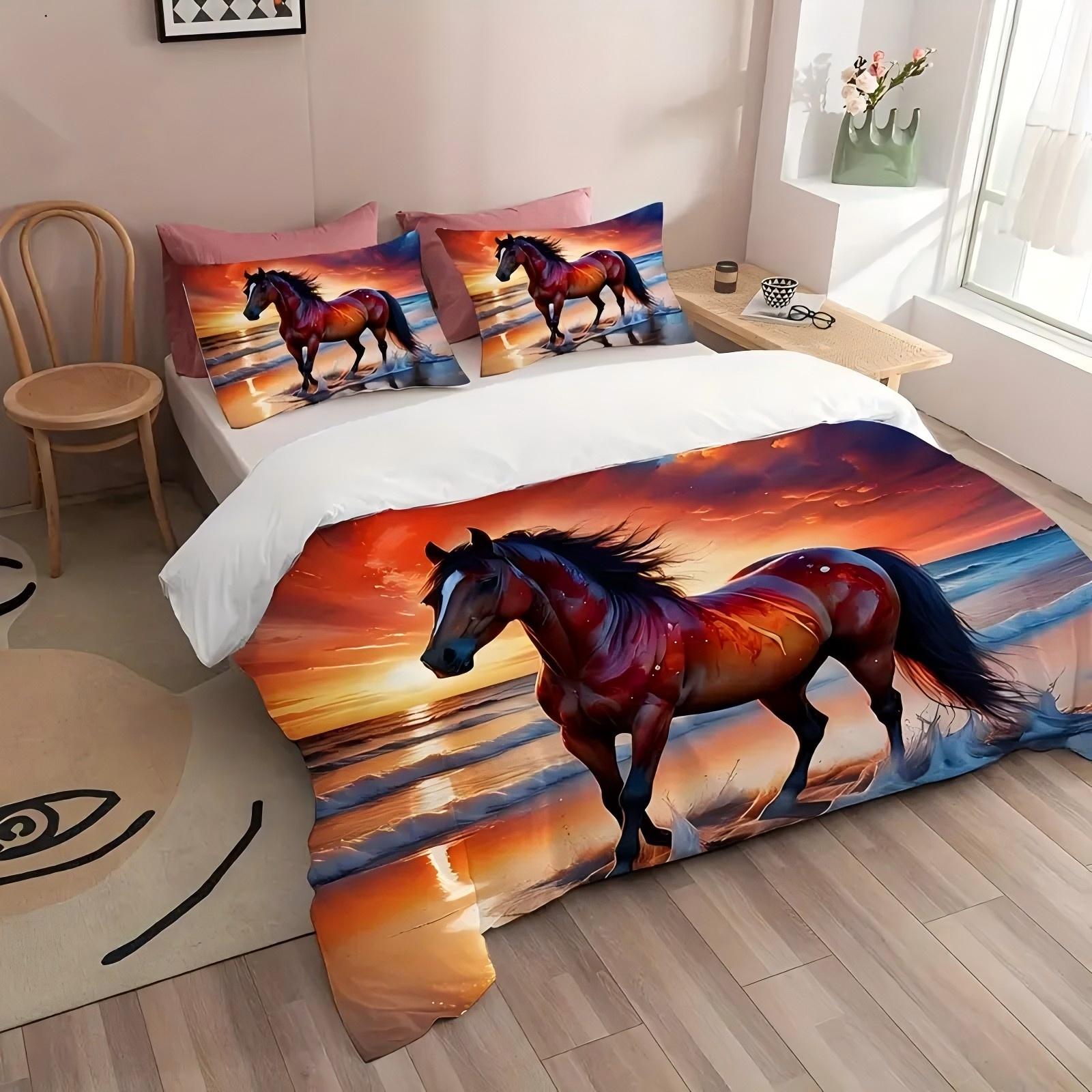 

Seaside Horse 3D Printed Duvet Cover Set Elegance Soft Comfortable Luxury Bedding Set Wildlife Theme Quilt Cover Set Pillowcases 135x200cm 2pcs