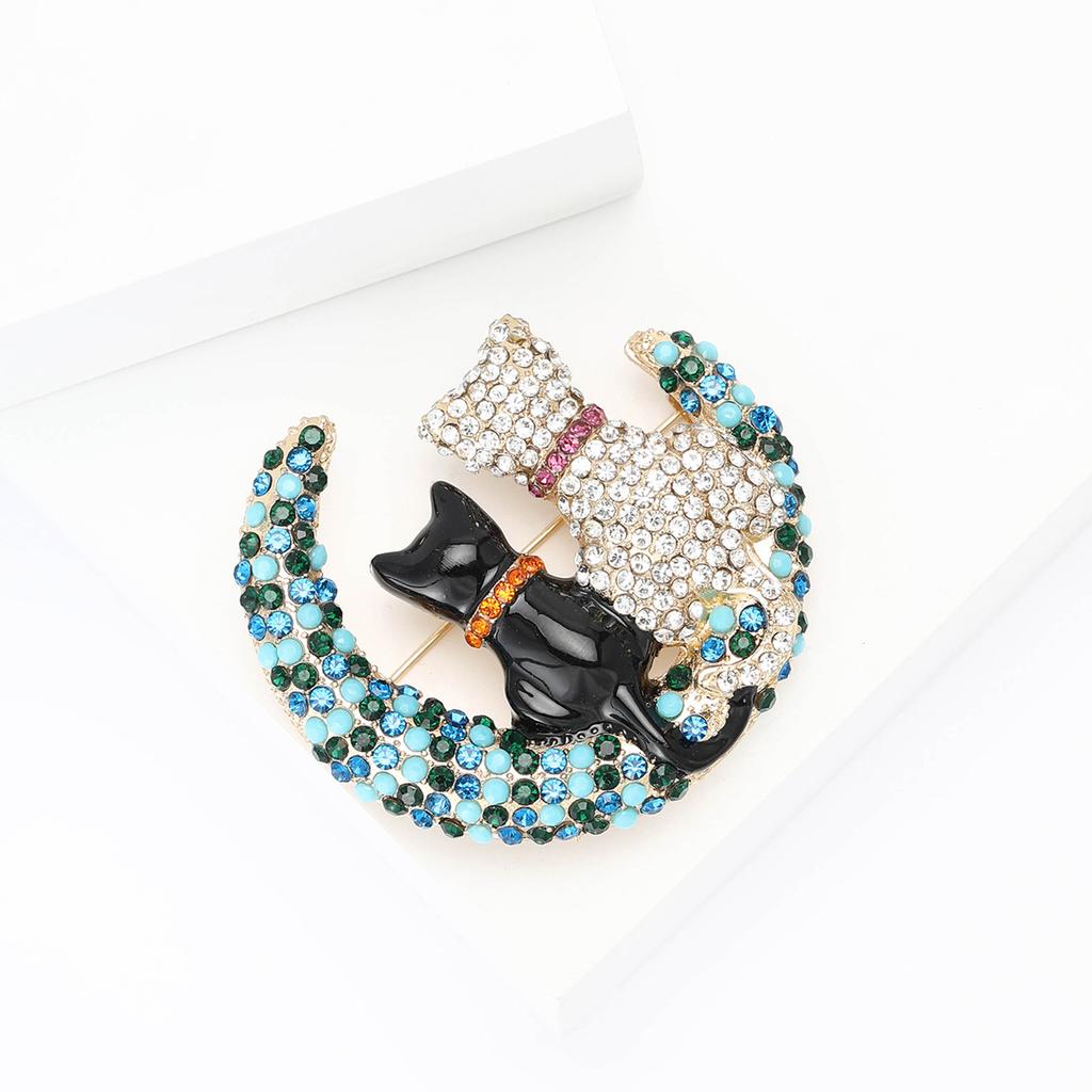 Fashion Alloy Rhinestone Cat Moon Viewing Brooch Versatile Temperament Women'S Clothing Corsage Jewelry Pin