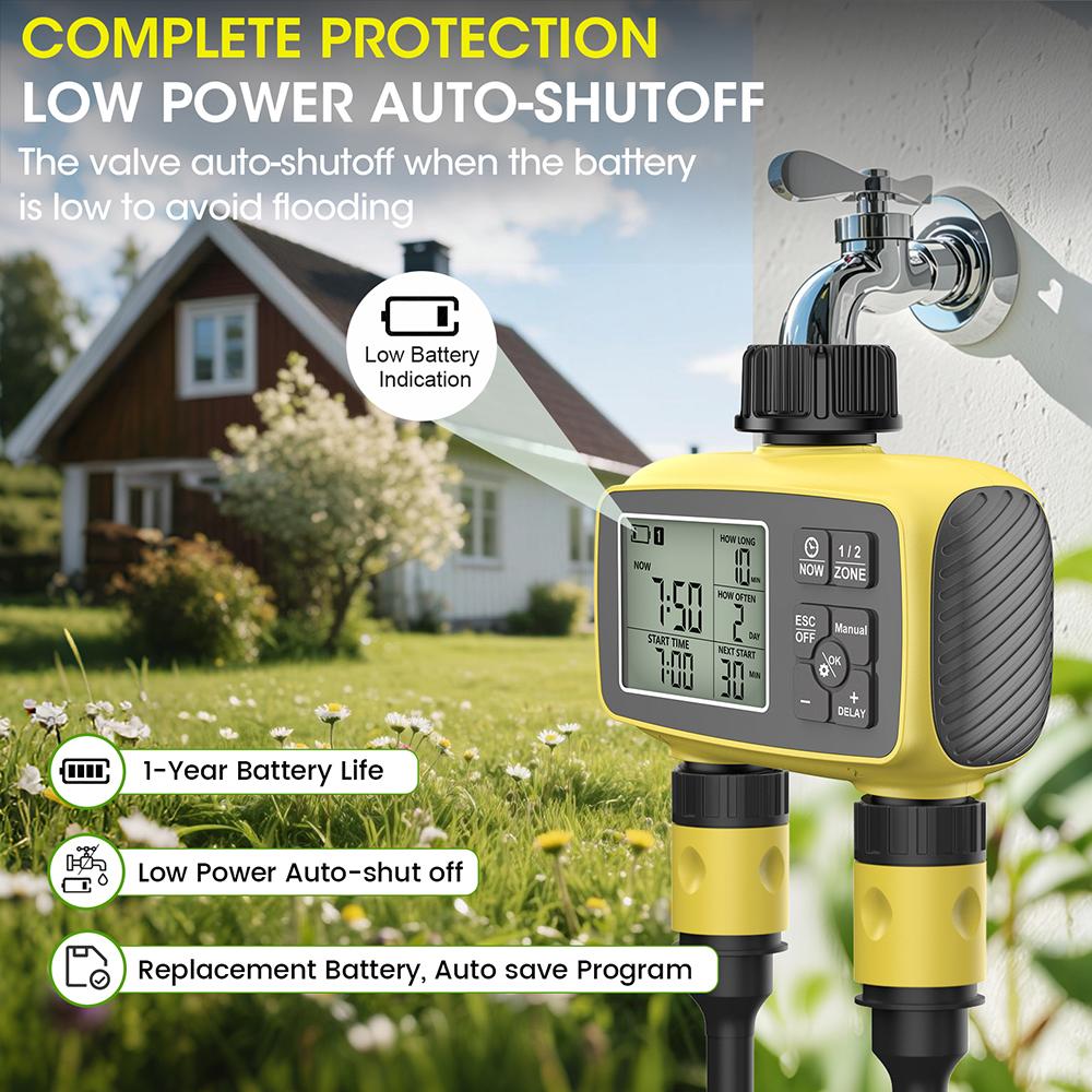 2 Zone Garden Irrigation Timer Large Screen Display Water Timer IPX5 Irrigation Timing Control System Automatic Watering Device