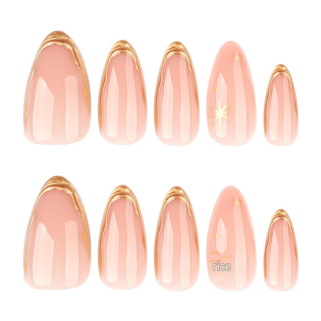 3D Gold Hot Stamping Short Almond Press-On Nails - Wearable Nail Art