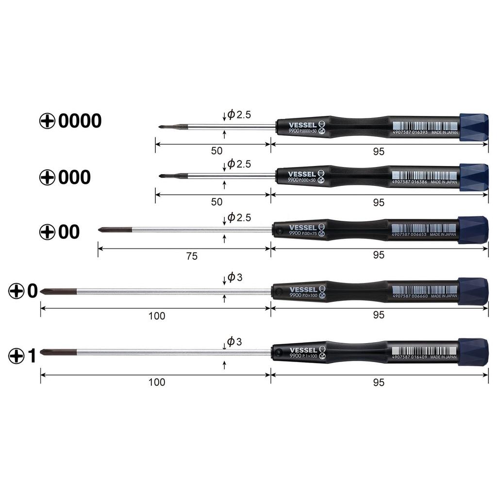 VESSEL Micro Screwdriver Precision Screwdriver for Phillips Head 99005PH Set, 5-piece set, Screws, +0000 / +000 / +00 / +0 / +1