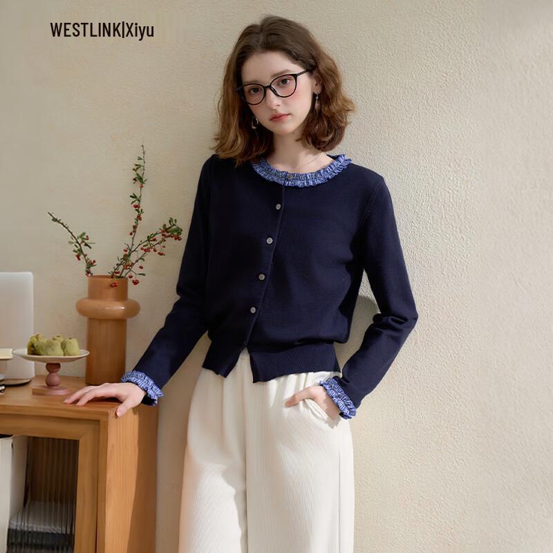 

Women s Autumn Plaid Ruffled Faux Two-Piece Knit Cardigan L