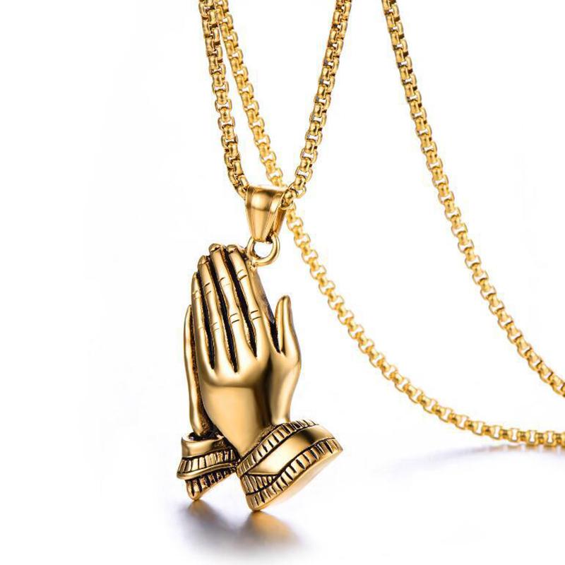 Retro Praying Hands Neckace For Men Hiphop Titanium Steel Chain Trendy Copper Color Palm Clapping Pendant Neck Jewelry Gifts