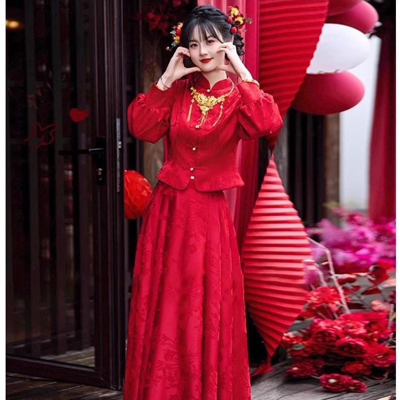 

Красное свадебное платье в национальном стиле для тоста для невест 2025 XXL вино красного