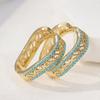Luxurious Hollowed Hand Carved Golden Plated Inlaid Synthetic Turquoise Hoop Earrings for Women's Bohemian Style Holiday Jewelry