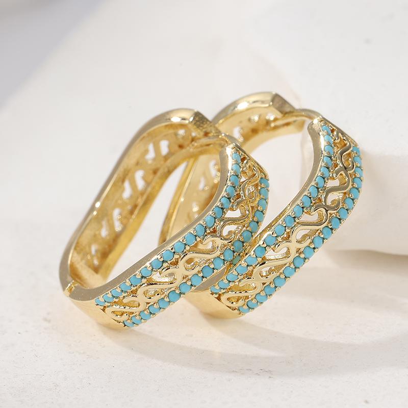 Luxurious Hollowed Hand Carved Golden Plated Inlaid Synthetic Turquoise Hoop Earrings for Women's Bohemian Style Holiday Jewelry