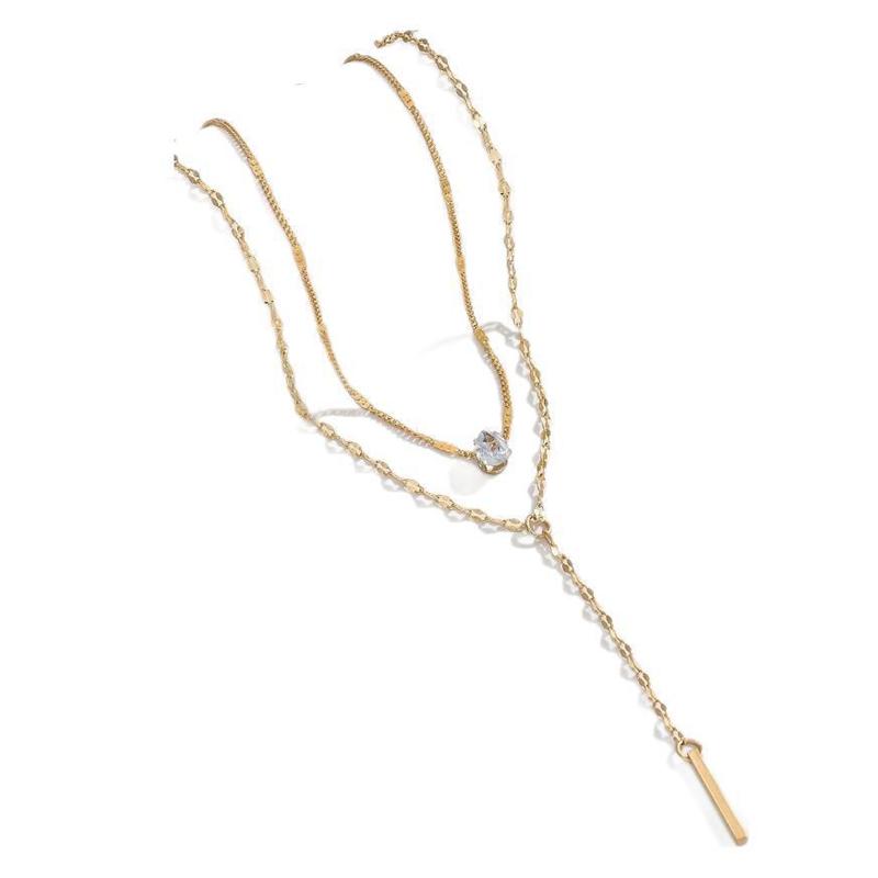 Vintage Bohemian Double Layered Y Shaped Necklace for Women Shiny Crystal Zircon Metal Long Chain Drop Choker Minimalist Jewelry
