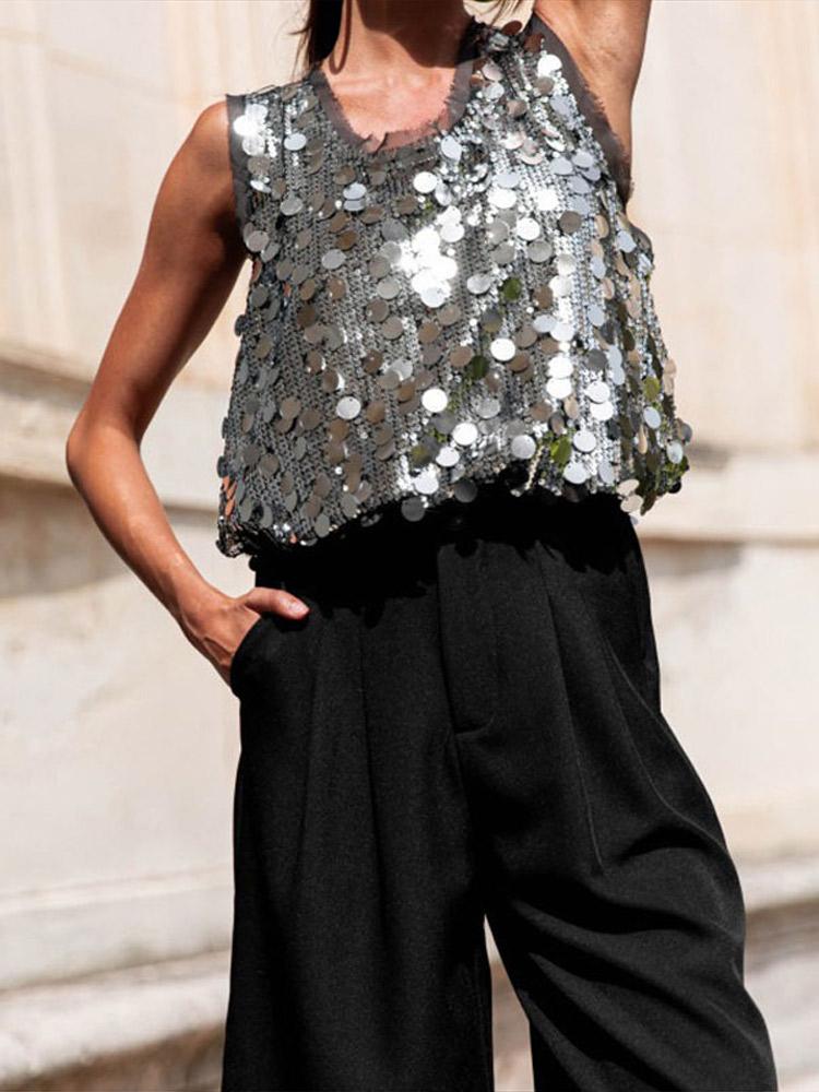 Women's Sequined Round Neck Sleeveless Vest Women's Festival Green Vest 2026 New Model