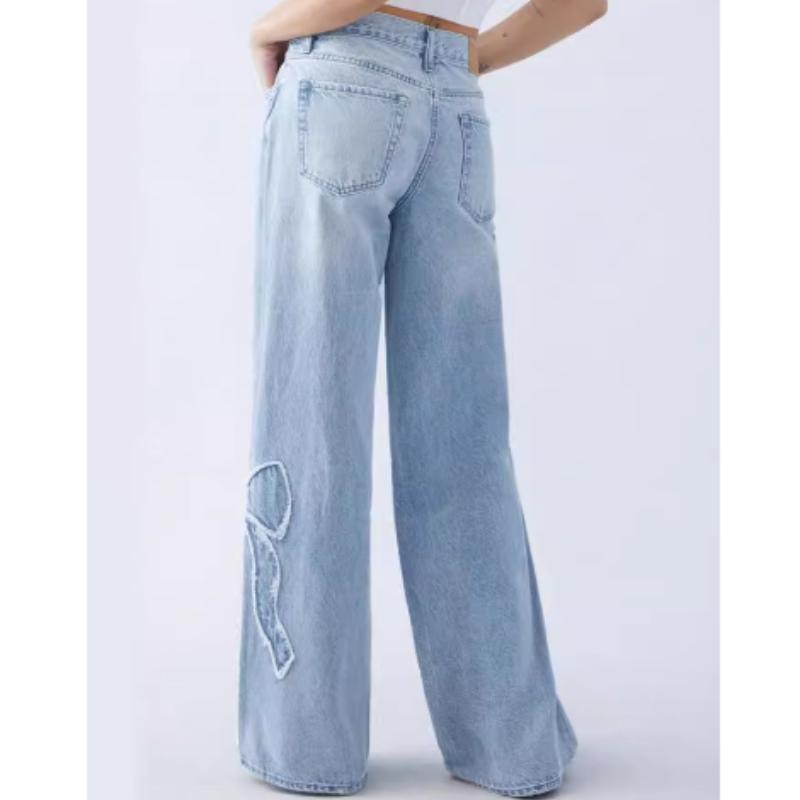 Americké vyšívané džíny s třásněmi na boku dámské high street design dívčí volné rovné kalhoty