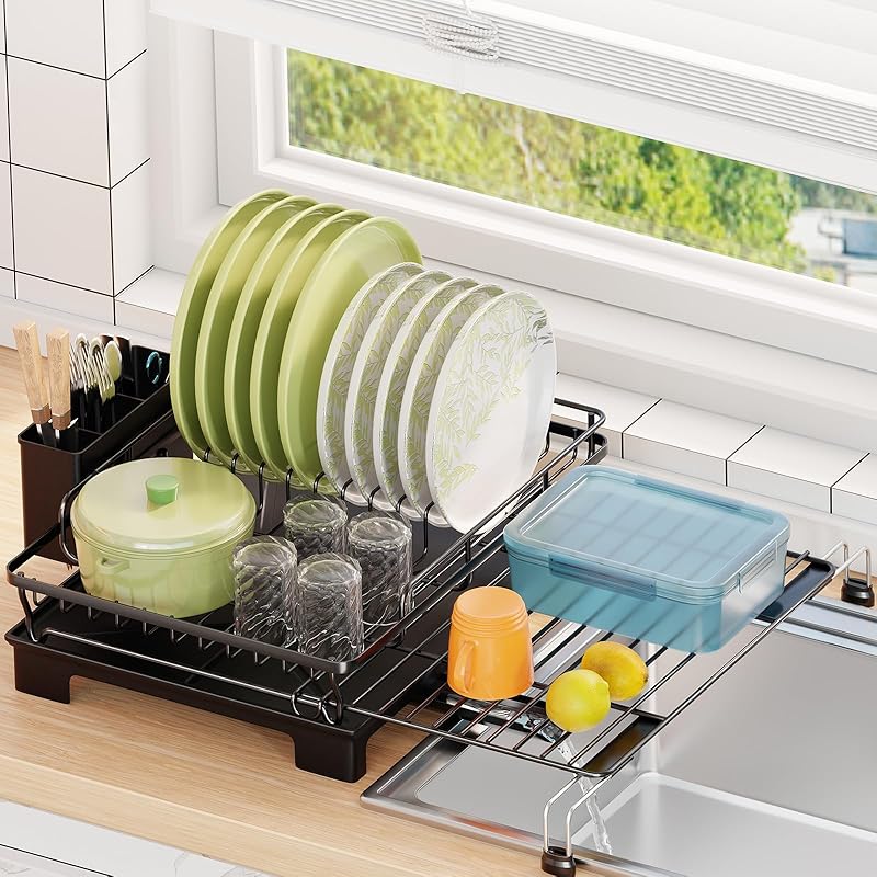 Simple Trending Small Dish Drying Rack, Compact Expandable Dish Rack with Cutlery Holder, Sink Dish Drainer for Kitchen Countertop, Black
