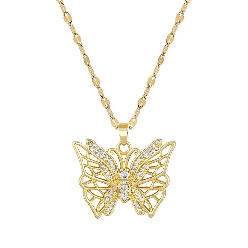 Heavy Industry Empty Butterfly Micro-Inlaid Real Gold Necklace Female Transfer Bead Collarbone Chain With Jewelry