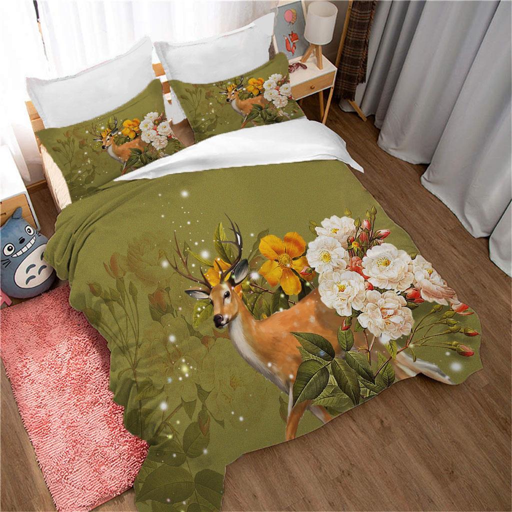 Deer Duvet Cover King/Queen SizeWildlife Bucks Fire Pattern Print Bedding Set For Teens Adults MenBrown Elk Animal Quilt Cover