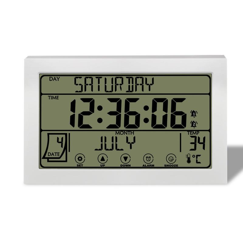 Touchscreen Große digitale Wanduhr Temperatur Datum Woche Schlummerfunktion Batteriebetriebene Tischuhr Doppelalarm 12/24H LCD-Wecker