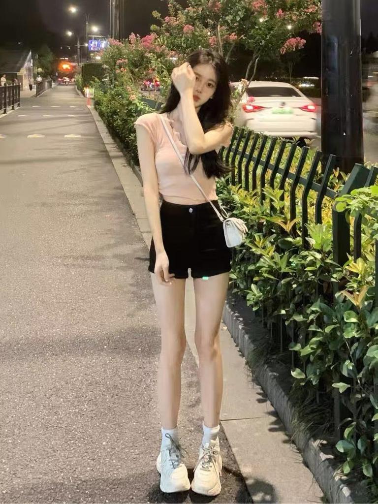 Women's High Waist Black Denim Shorts - Korean Style Trendy Slimming Hot Pants