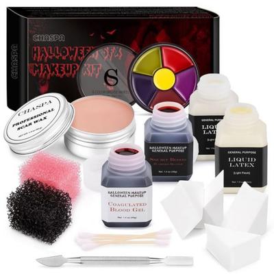 CHASPA Halloween Liquid Latex Special Effects SFX Makeup Kit - Scar Wax + 2 Liquids Fake Blood Spatula Tools Stipple Sponges 4 Cotton Swabs
