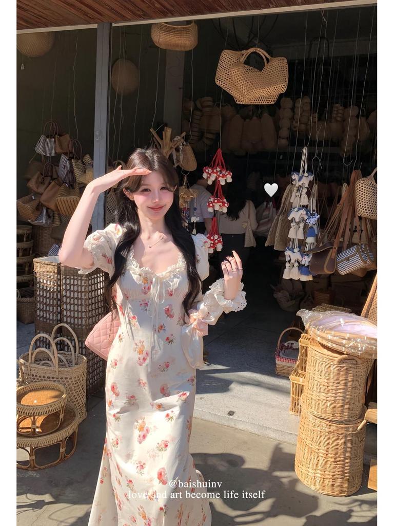 White Tower Women's Elegant Fairy Style Lace Dress - Summer/Autumn Korean Chic Long Dress