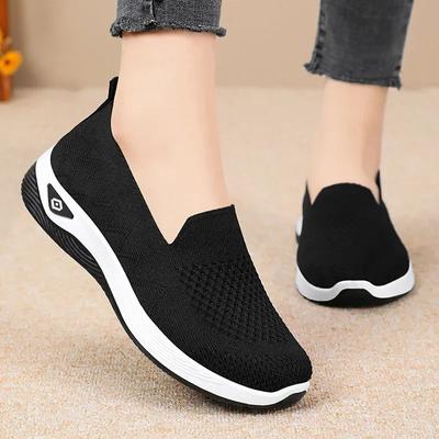 2025 Damen Neue Einfarbige Atmungsaktive Flache Schuhe, Laufschuhe, Weich besohlte Niedrig geschnittene Gestrickte Freizeitschuhe Damenschuhe