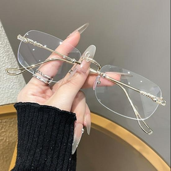 High-End Women's Rimless Blue Light Blocking Glasses - Fashionable Square Frame with Decorative Cut-Edge Design.
