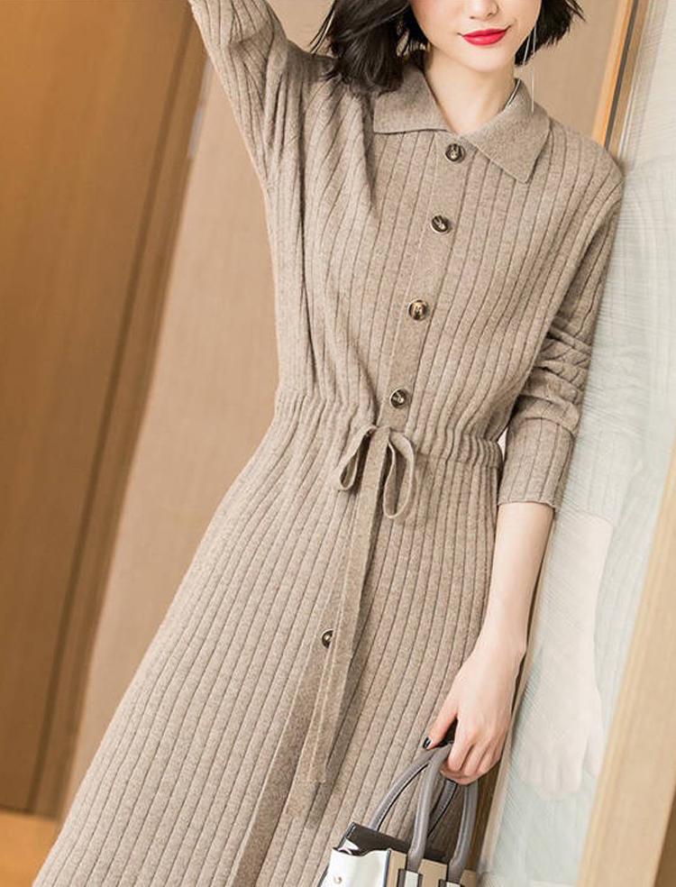 Casual Blue Knitted Dress Women High Waist Long Sleeve Dress Female Autumn Turn-down Collar Button Ladies Dresses