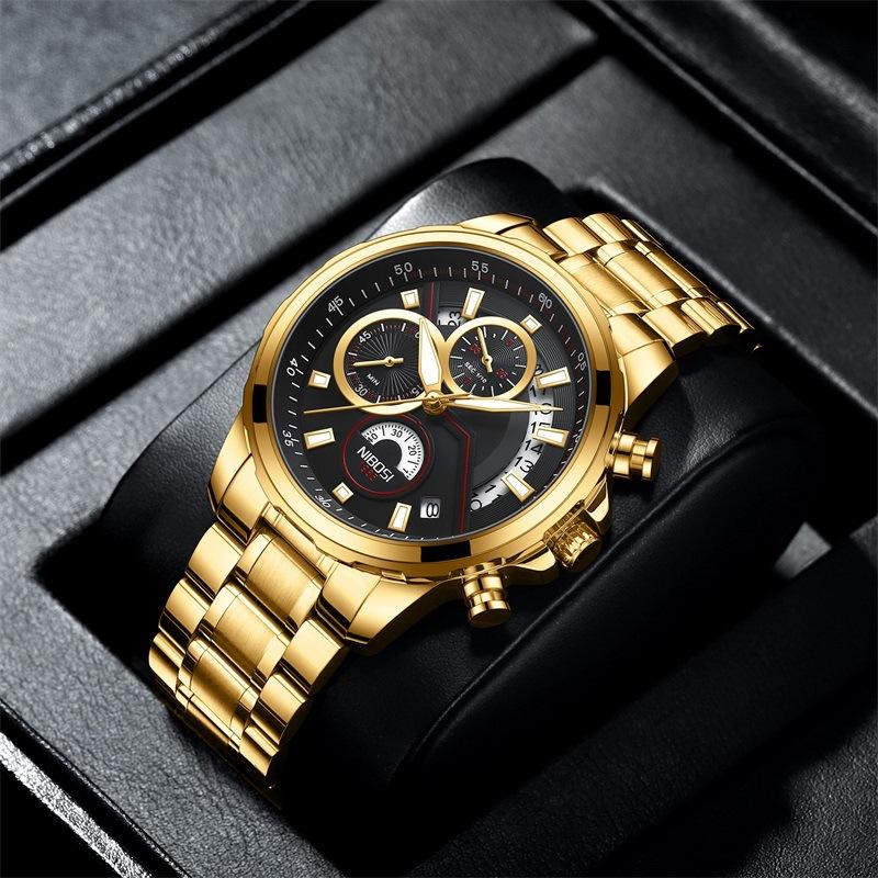 Fashion Men'S Watch Solid Steel Belt, Left 3-Eye Six-Pin Multi-Functional Quartz Watch, Luminous Waterproof