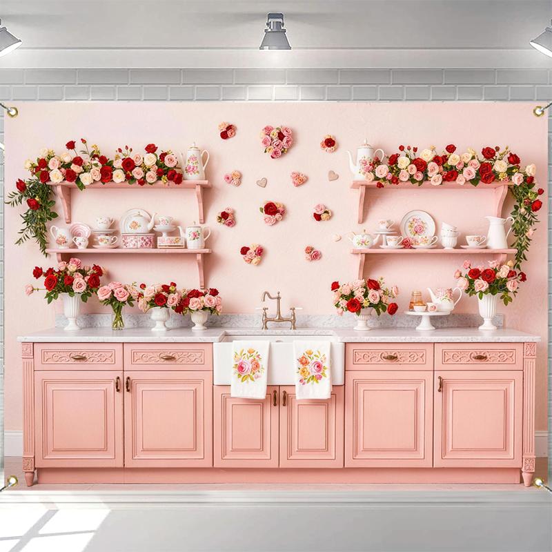LS Romance Valentine's Day Kitchen Background Photography Pink Cabinet Floral Heart Backdrop Girl's Birthday Party Photo Studio