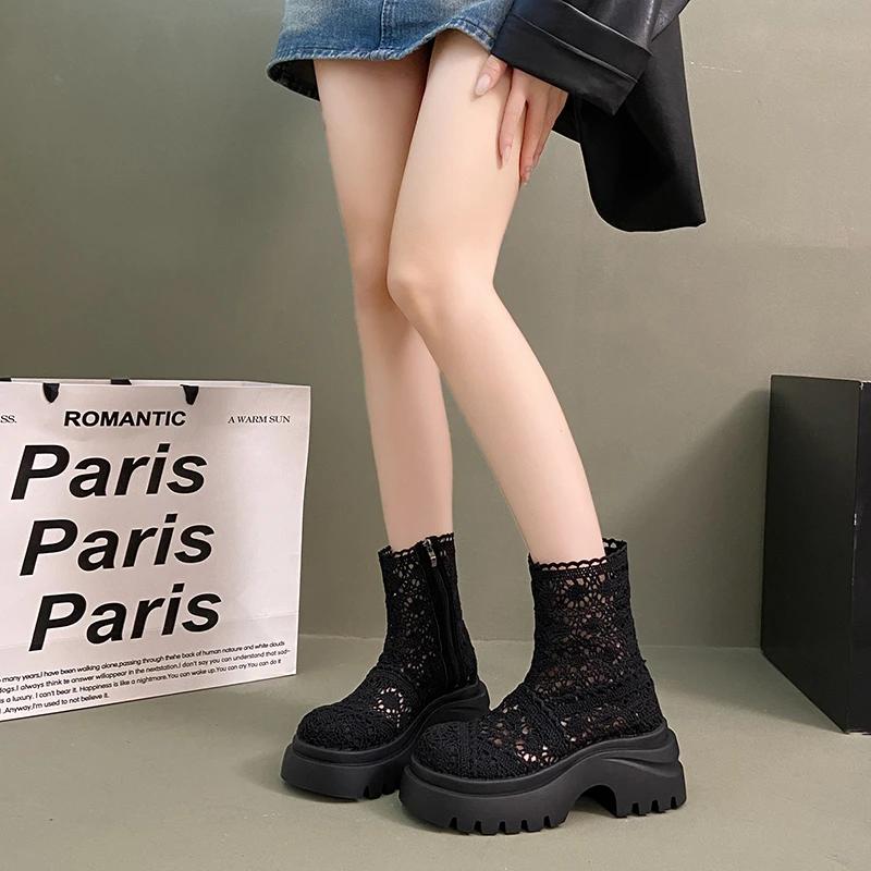Mesh Ankle High Heel Modern Boots Summer New Solid Round Toe Shoes Female 2026 High Quality Square Heel Breathable Women's Boots
