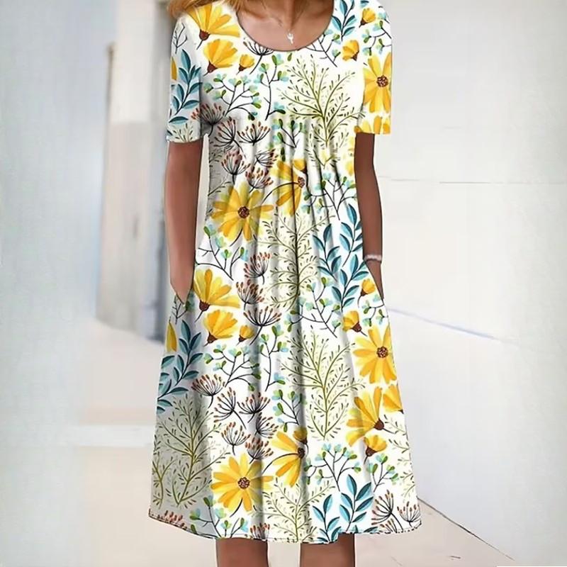 Dámská móda Léto Jaro Jednobarevný potisk Neformální šaty s krátkým rukávem do O-výstřihu a vysokým pasem