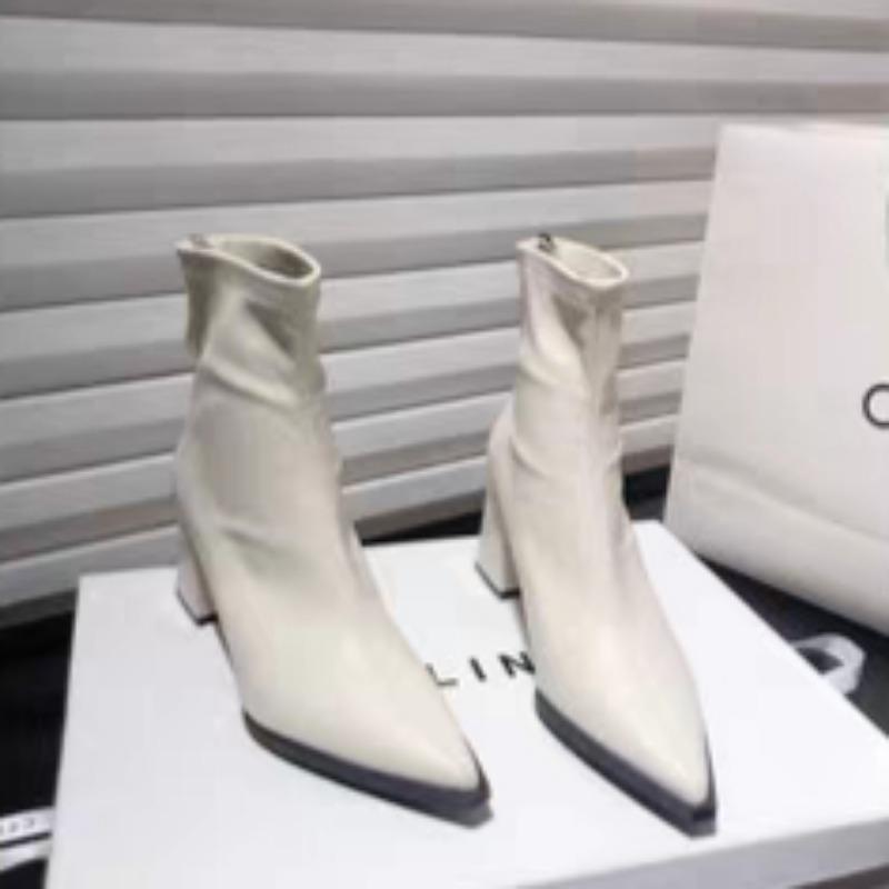 New High Heels Ladies Shoes 2025 Fashion Zipper Women's Boots Pointed Toe Solid Short Barrel Chunky Heels Boots Botas De Mujer