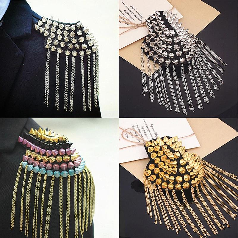 1 peça Broche Punk com Franja de Corrente, Rebite e Ombreira, Epaulete de Metal com Franja para Roupas de Mulheres e Homens, Acessórios de Emblema, Presente de Moda