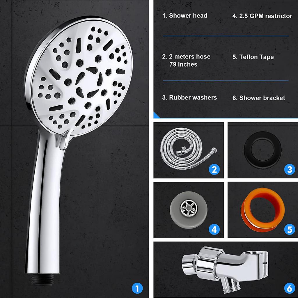 9 Spray High Pressure Handheld Showerhead Set Ionic Shower Head with Hose and Bracket Modern Chrome Bathroom
