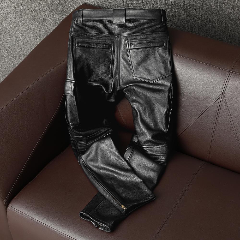 Soft Genuine Leather Motorcycle Riding Pants with Armor Pads for Men Women Winter Fall