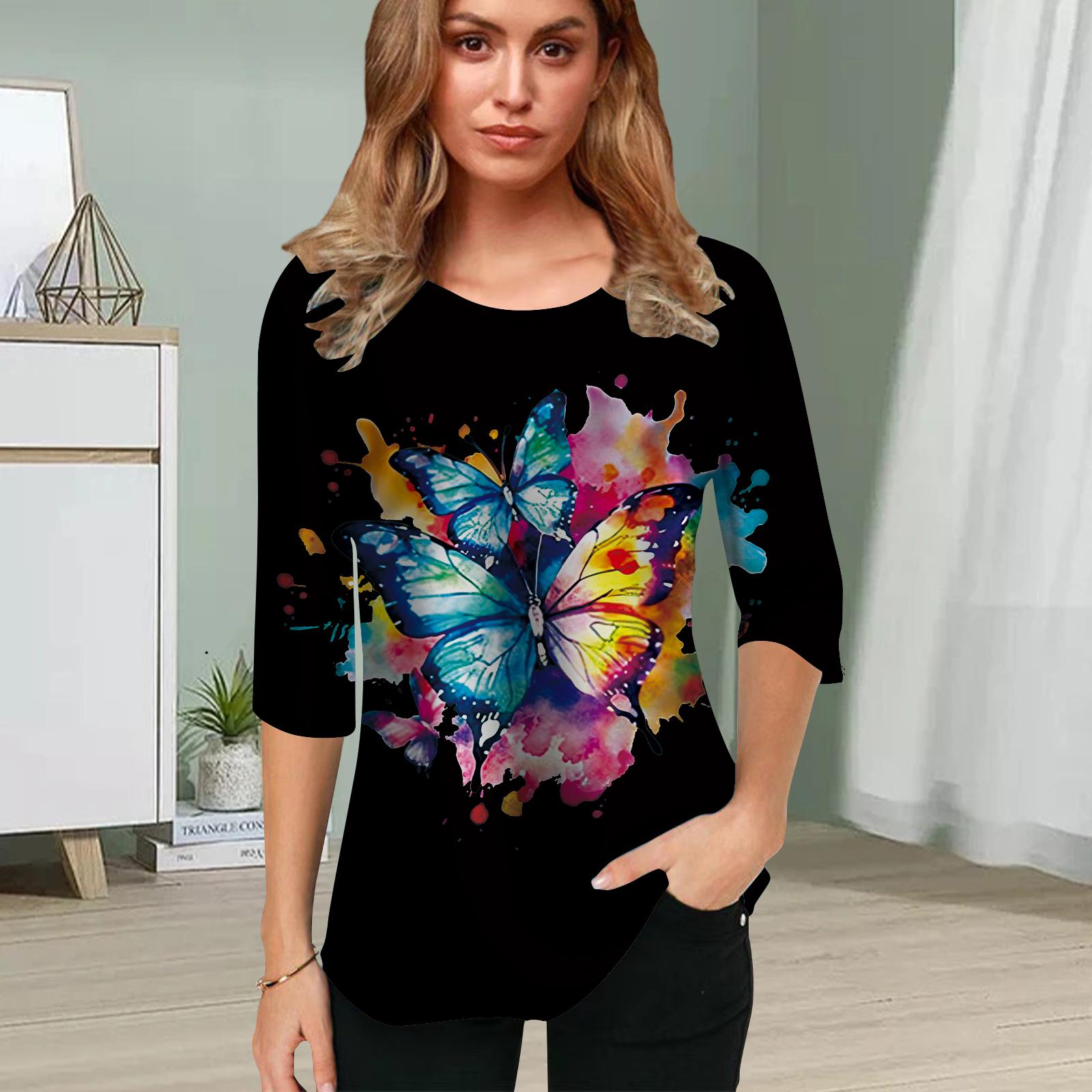 

Женская блузка с 3D-принтом в виде бабочек и цветочным принтом, топы с коротким рукавом, летние повседневные топы, футболка с круглым вырезом и коротким рукавом 8XL чёрный