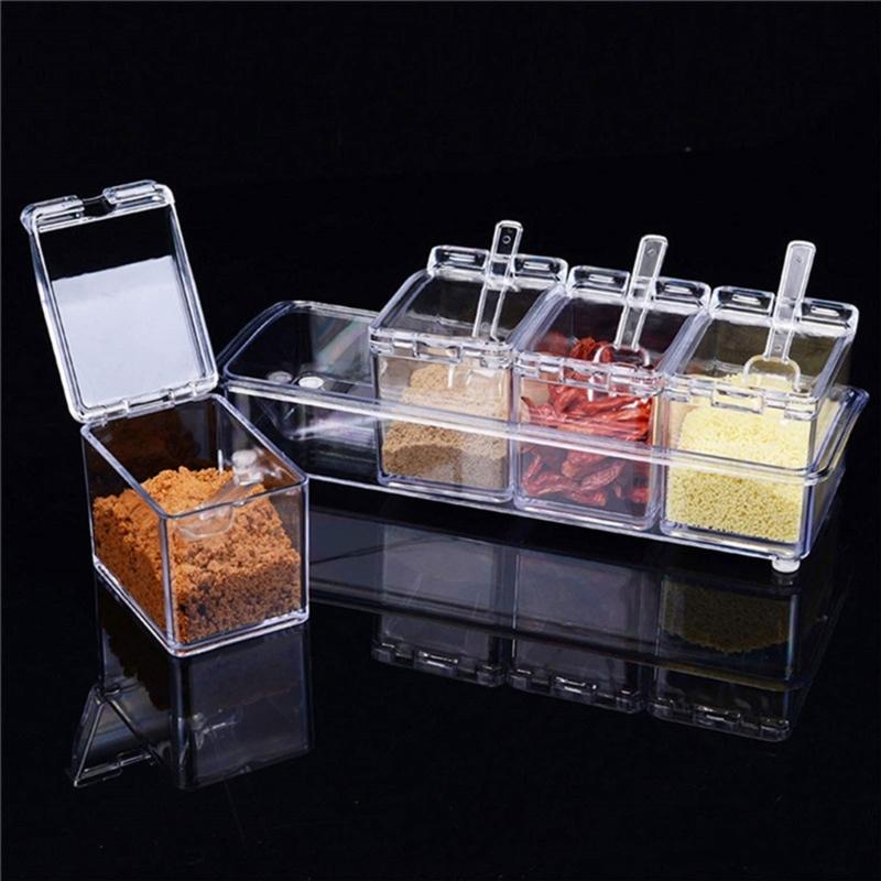 Convenient Seasoning Container 4 Compartment Condiment Storage Box Transparent Spices Container Organization Tool