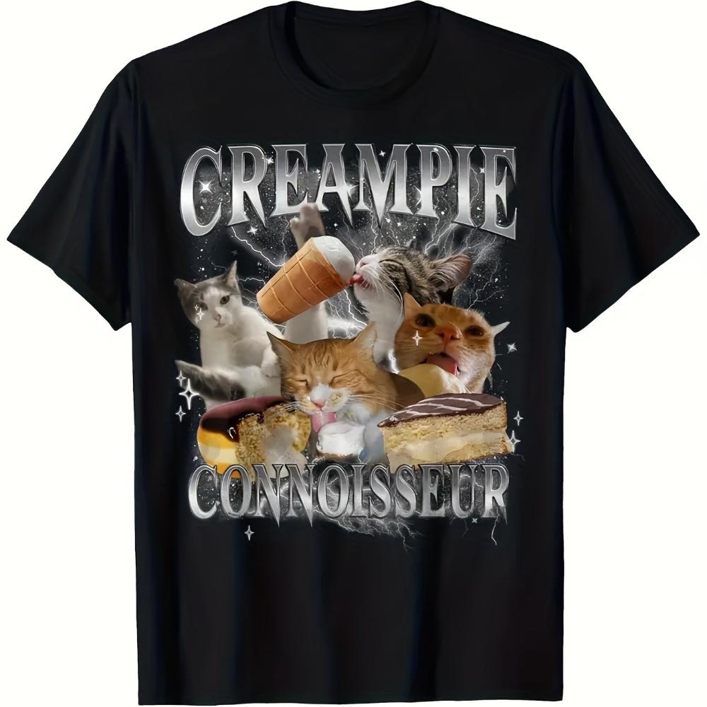 MenS Creampie Graphic TShirt Classic Black Short Sleeve Crewneck Machine Washable Regular Fit with Whimsical Cat S