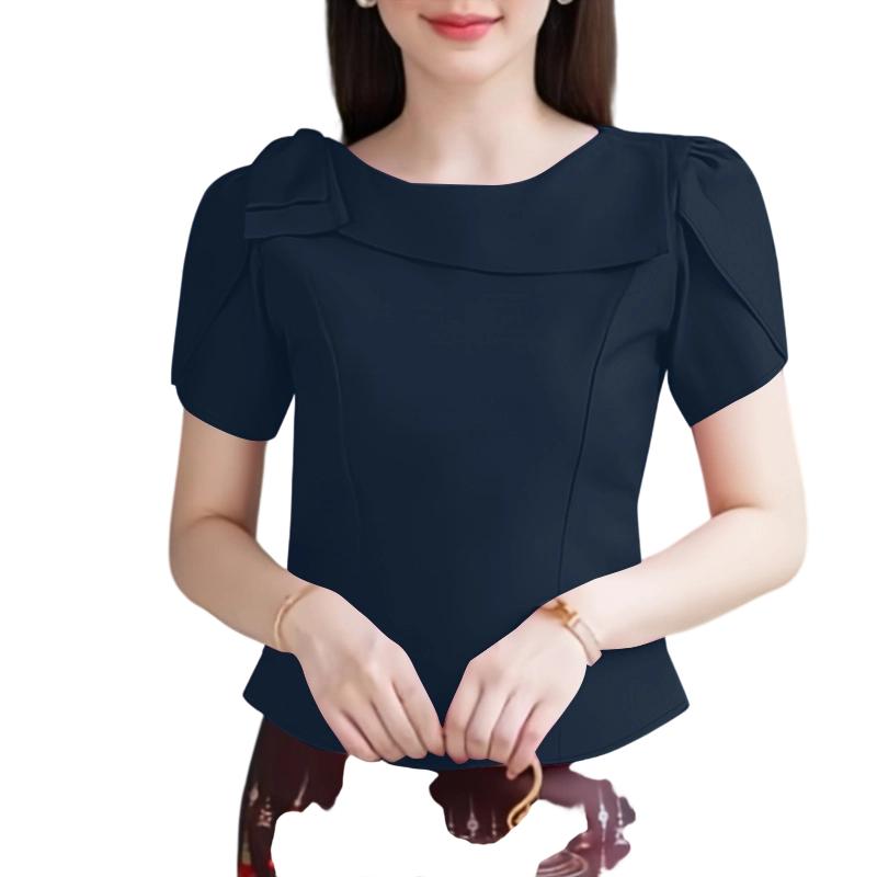 

ZANZEA Женская повседневная блузка с круглым вырезом и короткими рукавами, с молнией сзади XL темно-синий