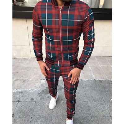Men's Casual Sport Suit Autumn Thin Zip-Up Coat Trousers Suits Outdoor Fashion Grid Tracksuit Streetwear Clothing