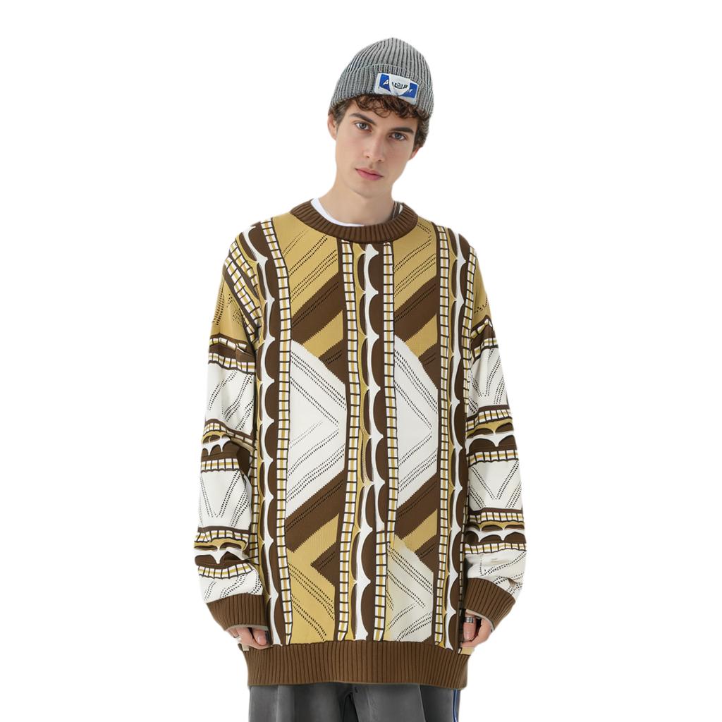 Li Ning X Bruce Lee Kolaborace Kung Fu Série Celoplošně Pruhovaný Pulovr Svetr s Kulatým Výstřihem Pánský svetr Hliněně-Hnědý AMBT237-1