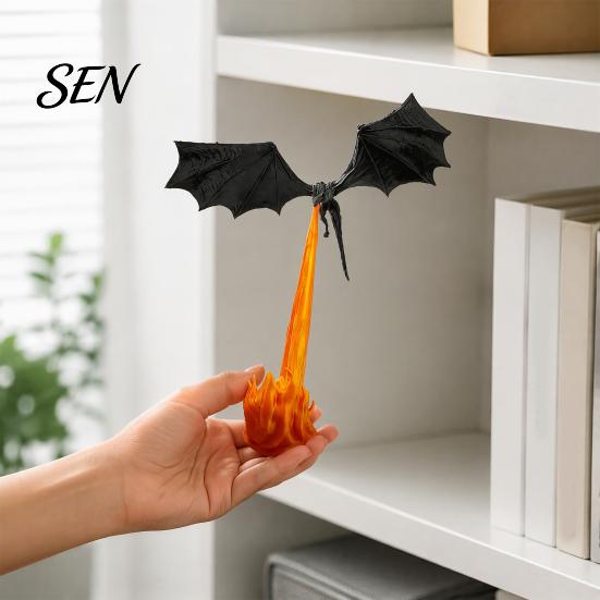 Dragon Sculpture Bookshelf Nook Light, 3D Printed Fire-Breathing Fantasy Flying Dragon, Shelf Accent Lamp Art Collectibles with LED Flame Gothic